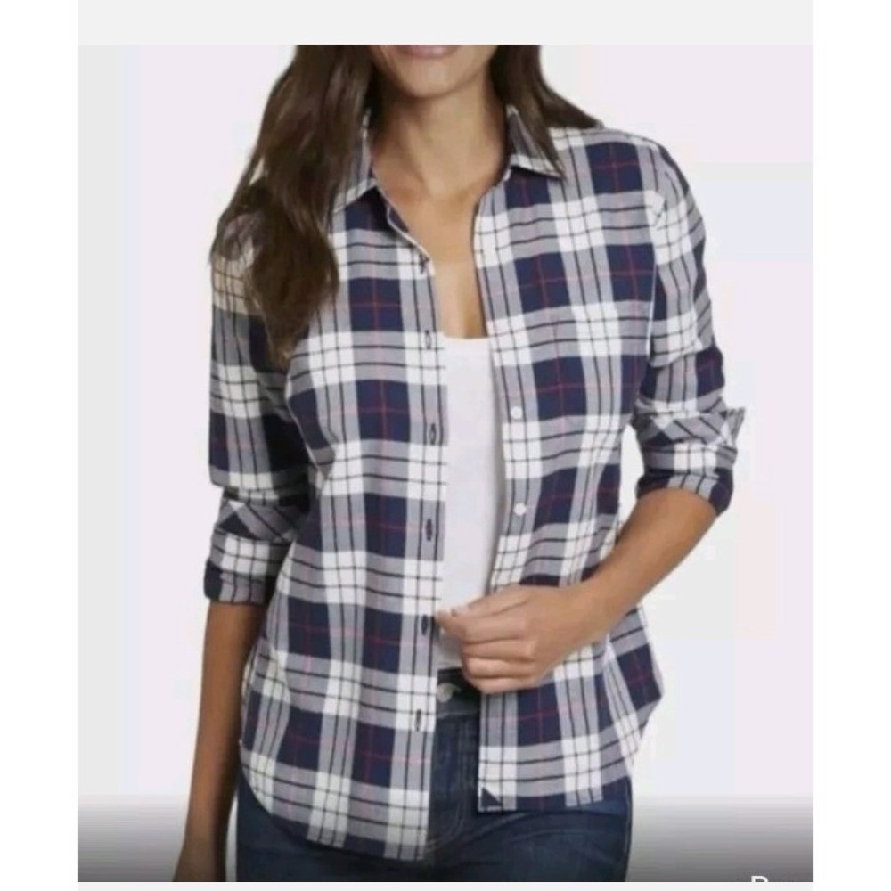 UNTUCKit Sorbo Womens Plaid Button Down Shirt Size 12 Regular Navy Blue White